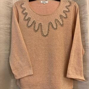Carducci Pink‎ Sweater with embellishments of pearls and beads. Size large.